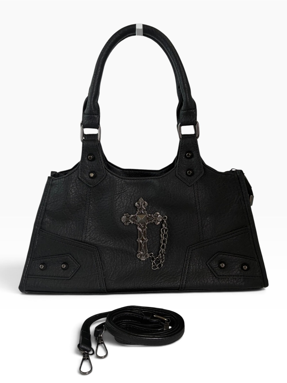 Y2K Gothic Black Faux Leather Cross Charm Satchel Shoulder Bag Detachable Strap